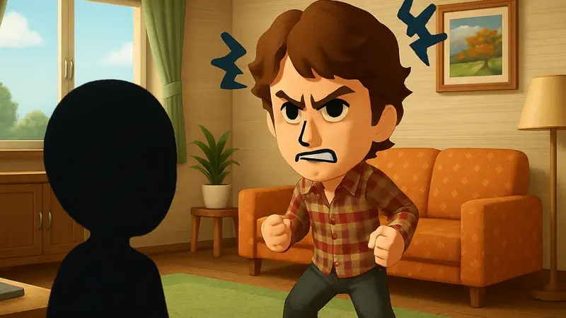 Скриншот из Tomodachi Life: Living the Dream с персонажем, похожим на Тодда Говарда, в смешной ситуации.