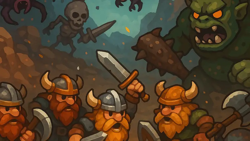Геймплей игры Dwarves: Glory, Death and Loot с армией гномов, сражающихся с монстрами.