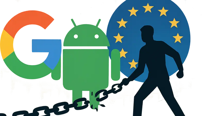 Логотипы Google, Android и ЕС, символизирующие антимонопольное регулирование