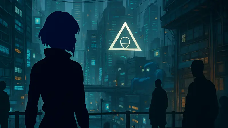Кадр из нового аниме «Ghost in the Shell», показывающий киберпанк-мир и персонажей.