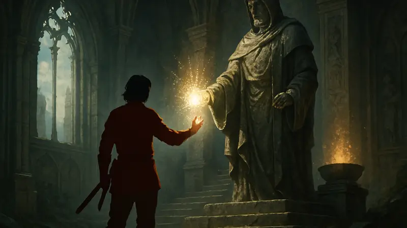 Персонаж в Crimson Desert выполняет квест Прискус Древний в Шпиле Звенящей Истины, получая Благословение Бессмертного.