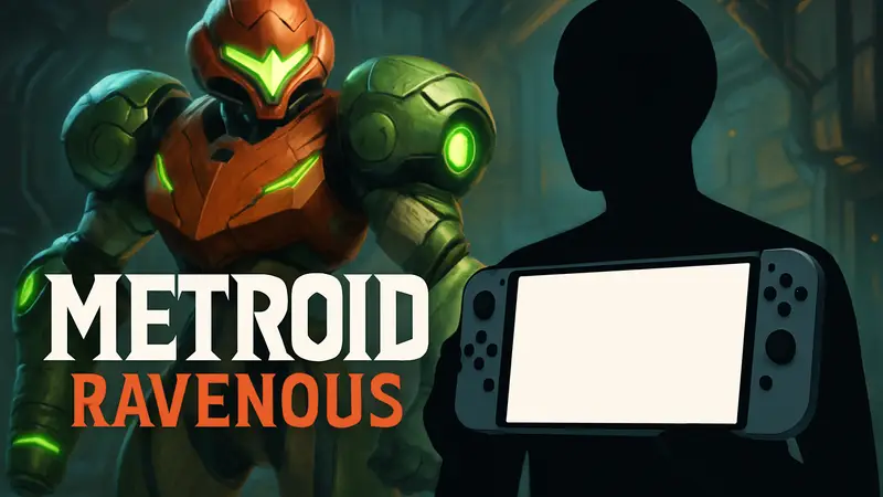 Логотип Metroid Ravenous и консоль Nintendo Switch 2 на фоне Samus Aran из Metroid Dread.
