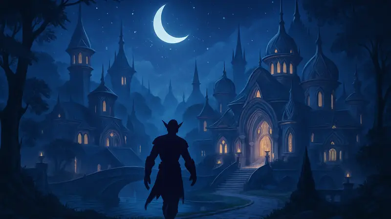 Обновленный город Серебряный Бор в World of Warcraft с элементами ночного неба и архитектуры эльфов.