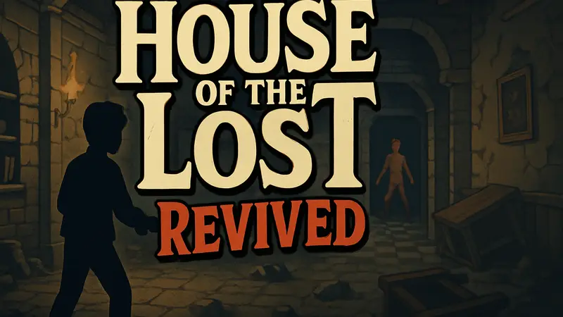 Логотип игры House of the Lost: Revived на фоне скриншота из мобильной игры.