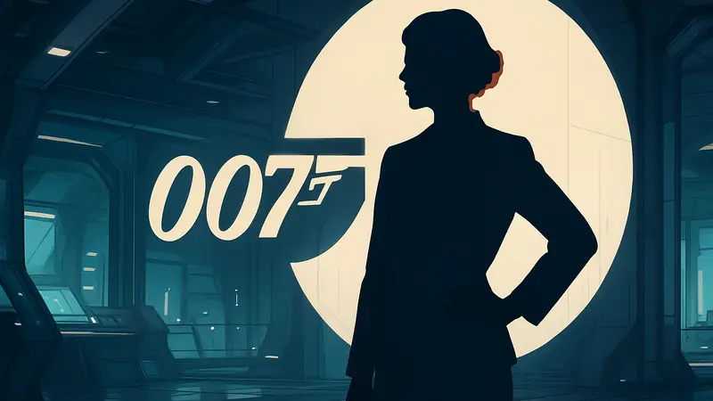 Женский персонаж из игры 007: First Light, стоящая в футуристической обстановке, на фоне логотипа игры.