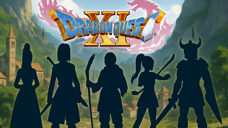 Логотип Dragon Quest XI и несколько персонажей из разных игр серии, олицетворяющие лучшие тайтлы RPG.
