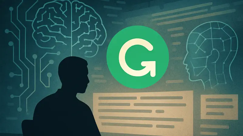 Логотип Grammarly на фоне элементов, ассоциирующихся с ИИ и текстом.