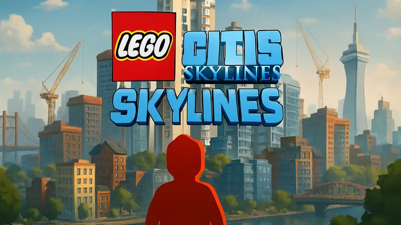 Логотип LEGO Cities Skylines на фоне городского пейзажа, игровая утечка