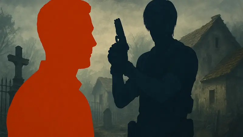 Ник Апостолидес, актёр озвучки Леона Кеннеди, на фоне персонажа Resident Evil Requiem.