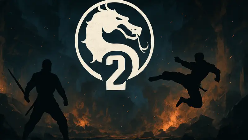 Логотип фильма «Мортал Комбат 2» на тёмном фоне с намёком на экшен.