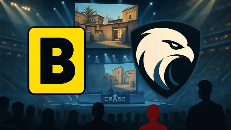Логотипы команд BetBoom Team и Team Falcons на фоне арены CS2