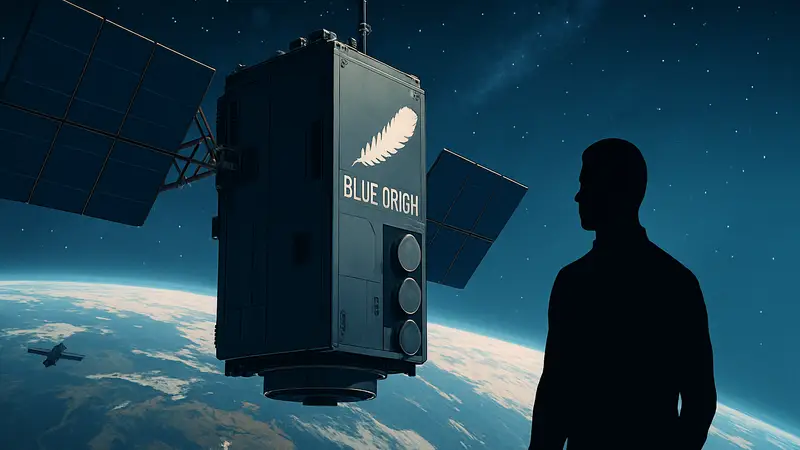 Иллюстрация орбитального дата-центра или спутника Blue Origin на фоне Земли.