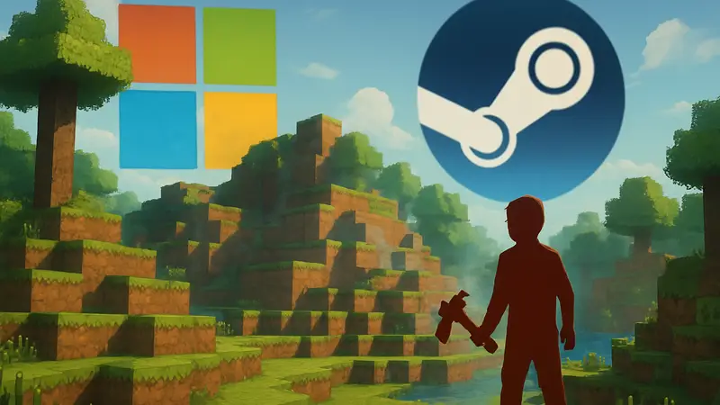 Скриншот или концепт-арт игры Allumeria, напоминающей Minecraft, на фоне логотипов Microsoft и Steam.