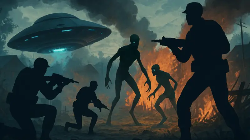 Изображение инопланетного боя из стратегии Xenonauts 2 с солдатами и пришельцами.