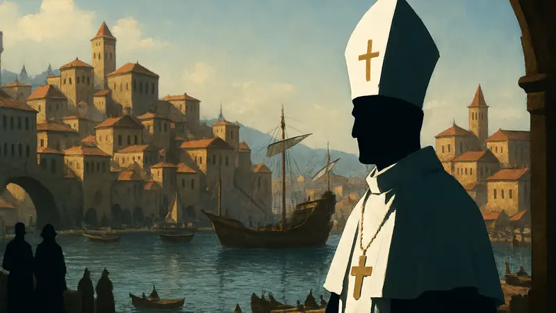 Игровой скриншот Crusader Kings 3 с изображением Папы Римского и торгового города.