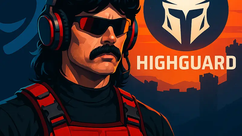 Стример DrDisrespect в своём узнаваемом образе, на фоне логотипа Highguard или стриминговой платформы