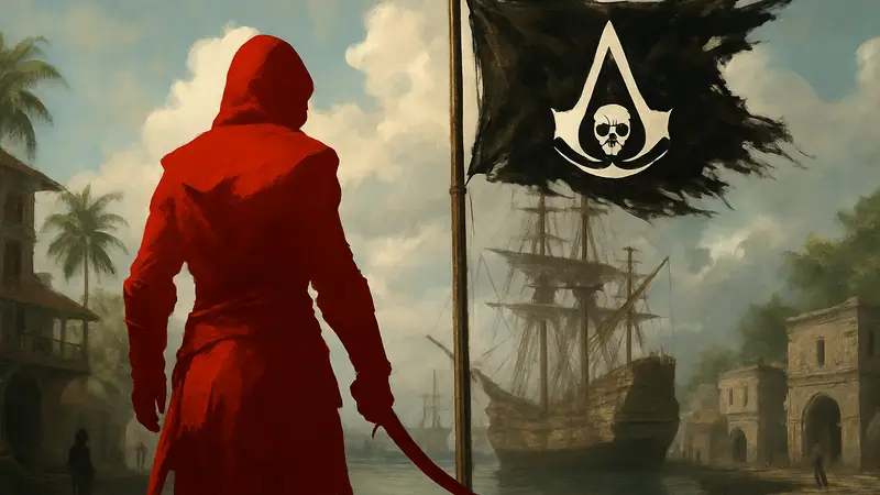 Логотип Assassin’s Creed Black Flag Remake с пиратским флагом.