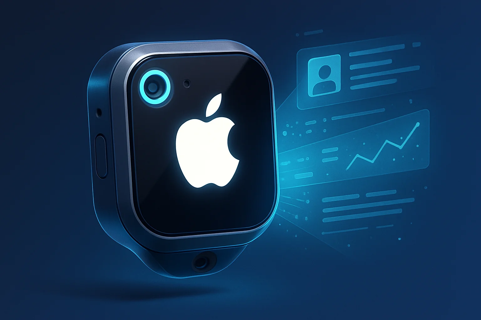 Стильный футуристический ИИ-значок с логотипом Apple, проецирующий информацию.