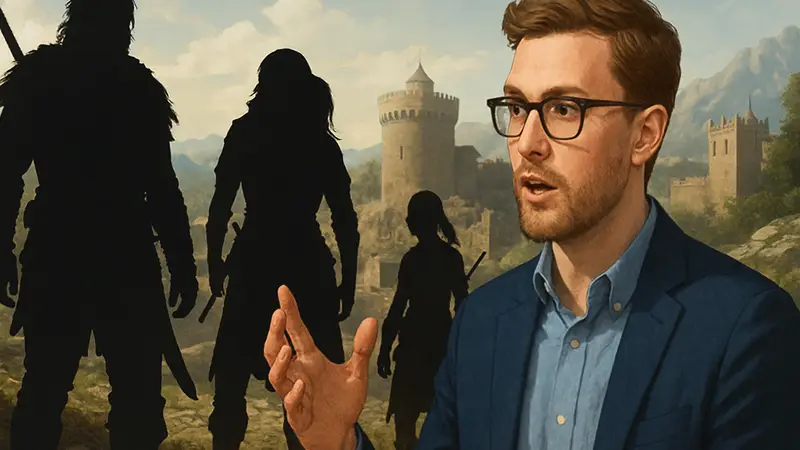 Актер Тревор Макьюэн обсуждает сюжет игры Crimson Desert на фоне игровых персонажей.