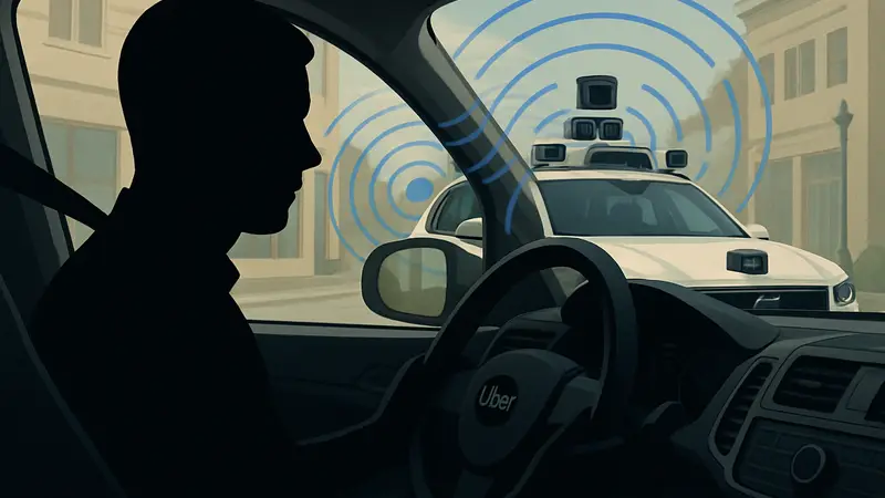 Водитель Uber за рулем автомобиля, на фоне которого видны сенсоры беспилотного автомобиля, символизирующие сбор данных.
