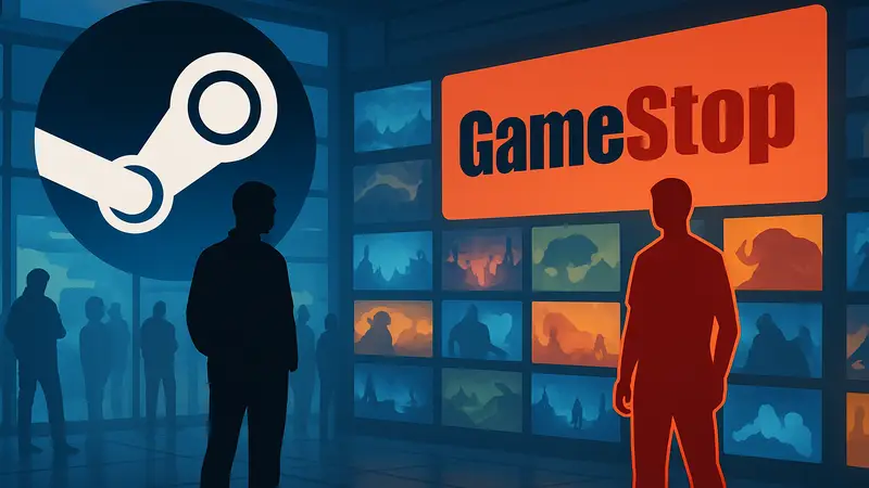 Логотип Steam и GameStop на фоне цифрового магазина, символизирующий конкуренцию платформ.
