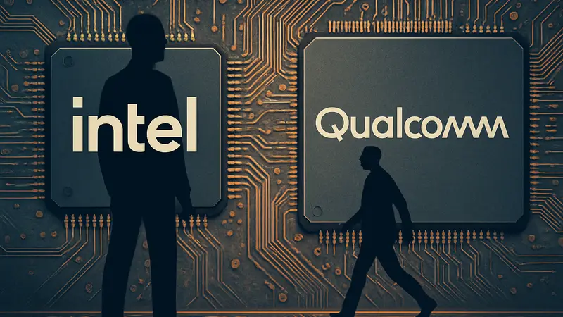 Логотипы компаний Intel и Qualcomm на фоне микросхемы, символизирующие смену руководства.