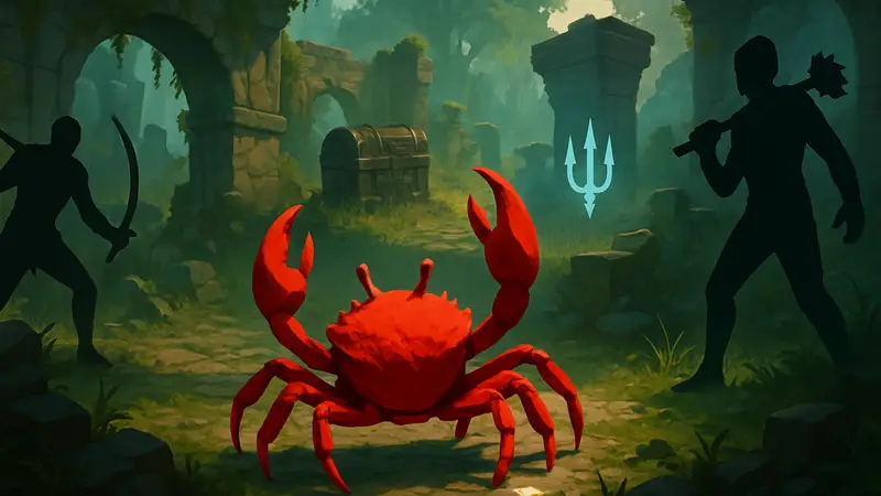 Кадр из игры Everything is Crab с главным героем-крабом и элементами roguelike.