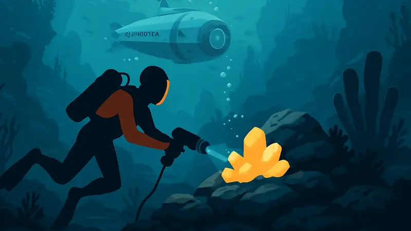 Игрок Subnautica 2 добывает серу под водой или изображение залежей серы в биоме игры.