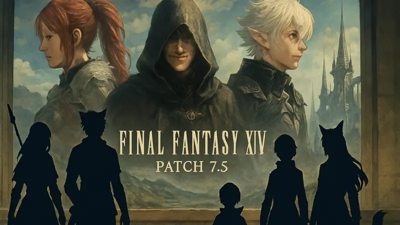 Персонажи Final Fantasy 14 на фоне тизера патча 7.5, демонстрирующие новые сюжетные арки.