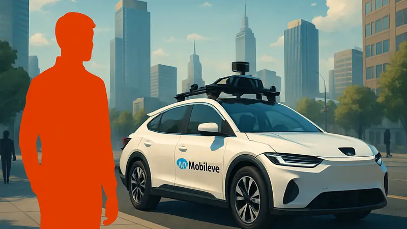 Беспилотный автомобиль Mobileye с датчиками или логотип Mobileye на фоне городского пейзажа.