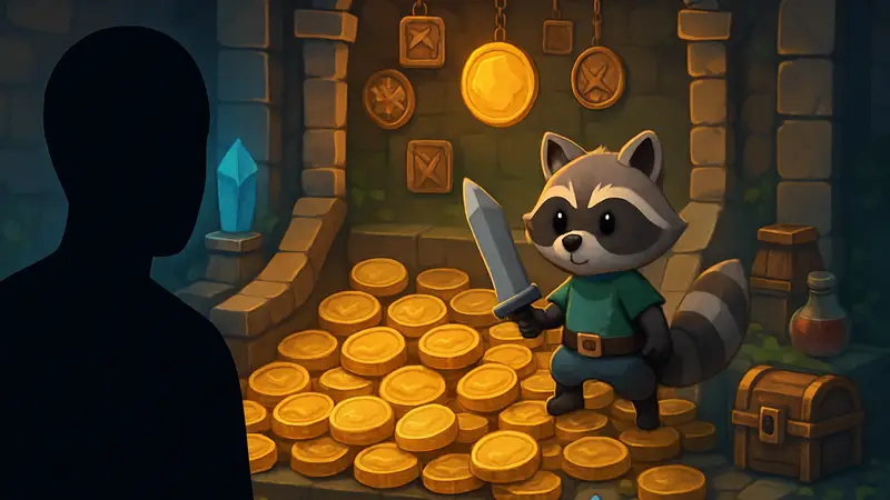 Скриншот из игры RACCOIN: Coin Pusher Roguelike с монетами, элементами рогалика и енотом-героем.