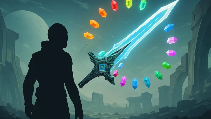 Клинок Праксиса в Destiny 2 с изменяющимися цветами, кристаллы.