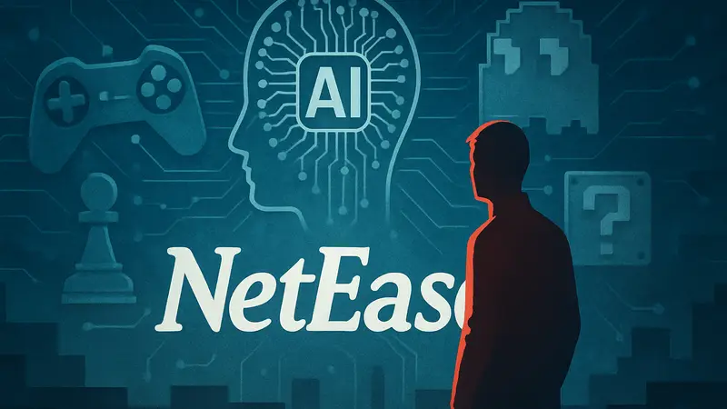 Логотип NetEase на фоне схематического изображения искусственного интеллекта и игровых элементов.