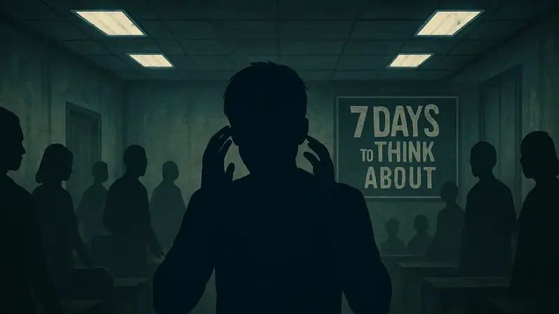 Изображение из игры 7 Days To Think About It, передающее атмосферу социальной тревожности и ужаса