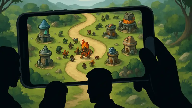 Скриншот из Kingdom Rush 6: Genesis с игровым полем, башнями и врагами на мобильном экране.