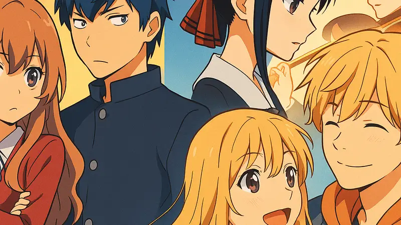 Кадры из различных сёнен-романтических аниме, включая Toradora и Your Lie in April.