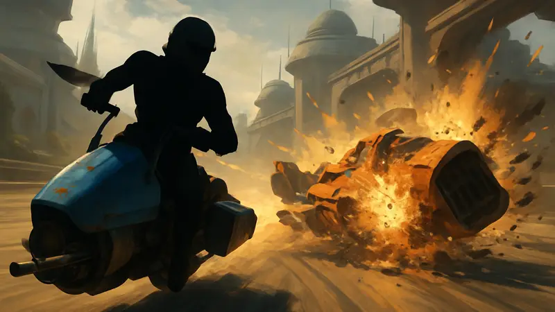 Гонщик на футуристическом спидере из Star Wars: Galactic Racer, совершающий таран на трассе