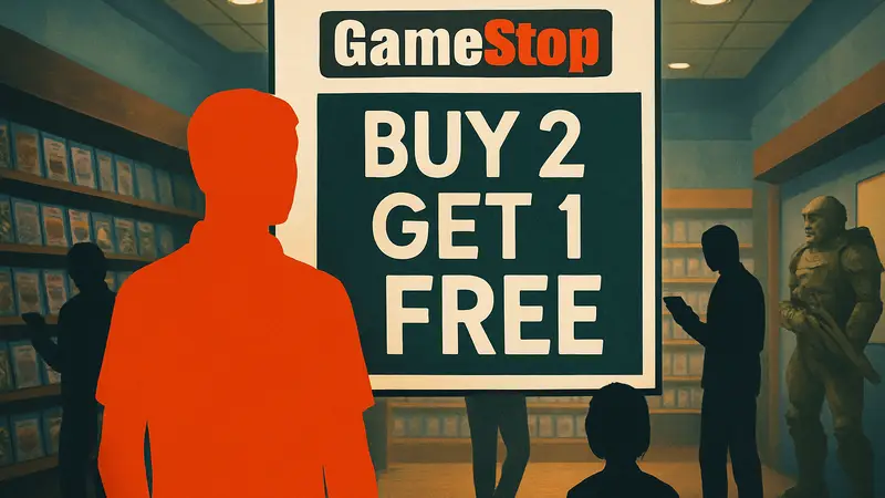 Рекламный баннер GameStop акции "Купи 2 игры, получи 1 бесплатно" с надписью "Buy 2 Get 1 Free"