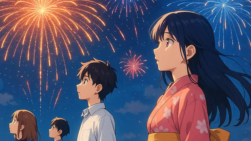 Аниме-постер фильма 'Kimi to Hanabi to Yakusoku to' с персонажами, смотрящими на фейерверки.