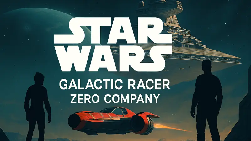 Логотип Star Wars на фоне космического корабля, с упоминанием Galactic Racer и Zero Company.