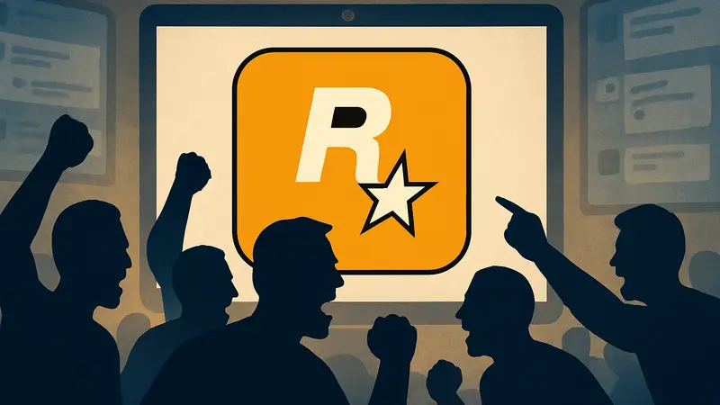 Логотип Rockstar Games на фоне разъярённых фанатов GTA VI в социальных сетях.