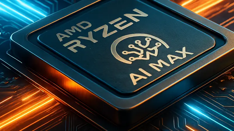 Макро-изображение компьютерного чипа AMD Ryzen AI Max с подсветкой, символизирующей скорость и новые технологии.