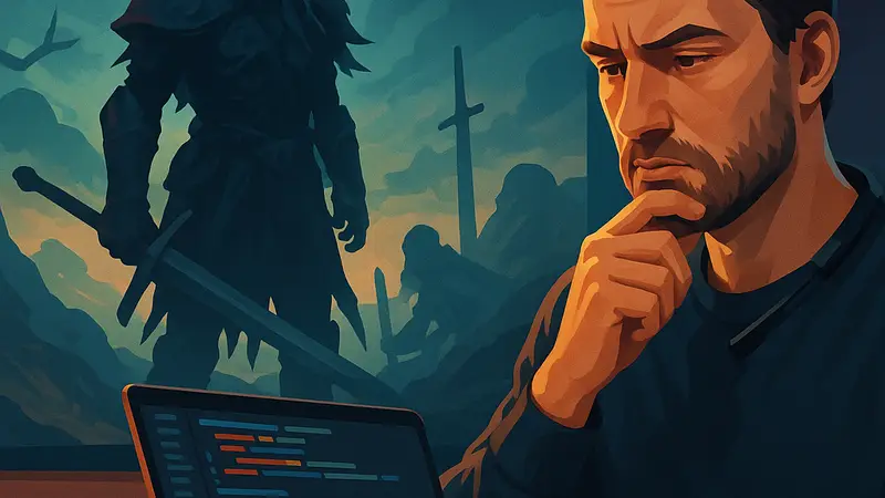 Создатель игры No Rest for the Wicked, выступающий перед аудиторией или работающий над игровым кодом, с задумчивым выражением лица.