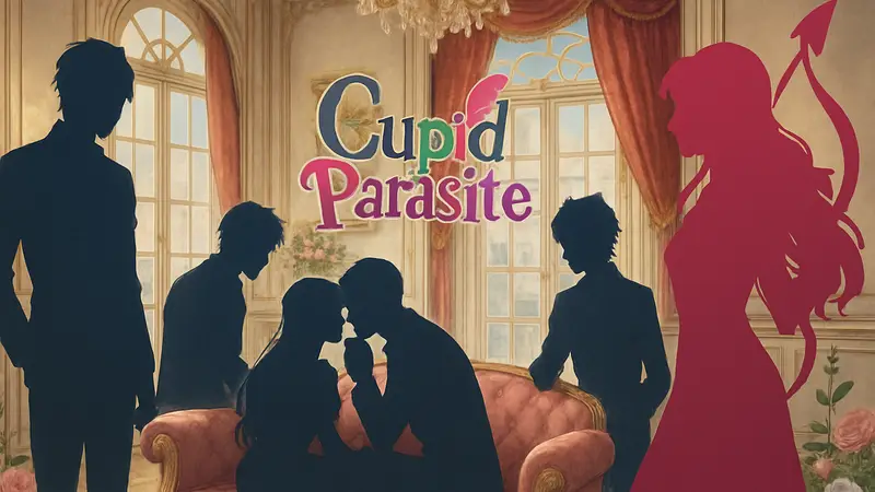 Обложка отомэ-игры Cupid Parasite с аниме-персонажами в романтической обстановке