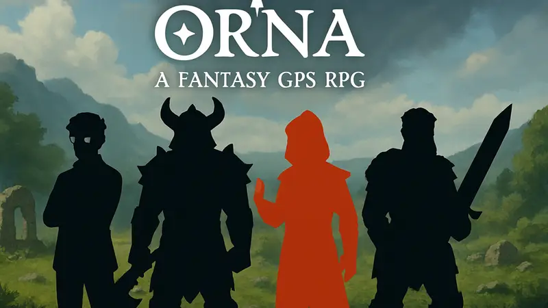 Логотип Orna: A Fantasy GPS RPG и изображение персонажей-разработчиков в виде боссов.
