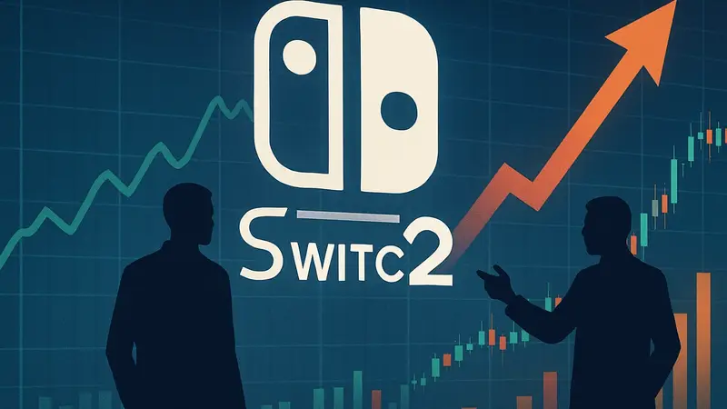 Логотип Nintendo Switch 2 на фоне графиков акций или символизирующий финансовые решения.