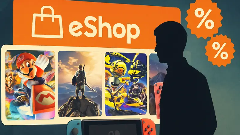 Скриншоты игр для Nintendo Switch на фоне логотипа eShop и символов распродажи. Скидки.