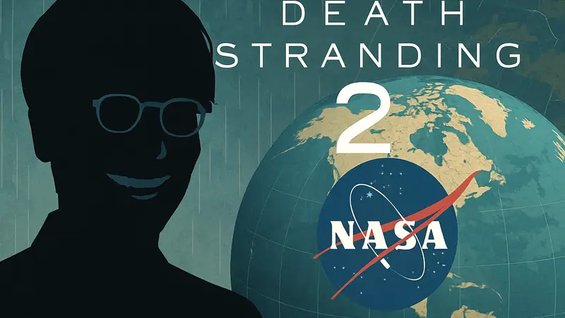 Хидео Кодзима улыбается на фоне логотипа Death Stranding 2 и карты NASA