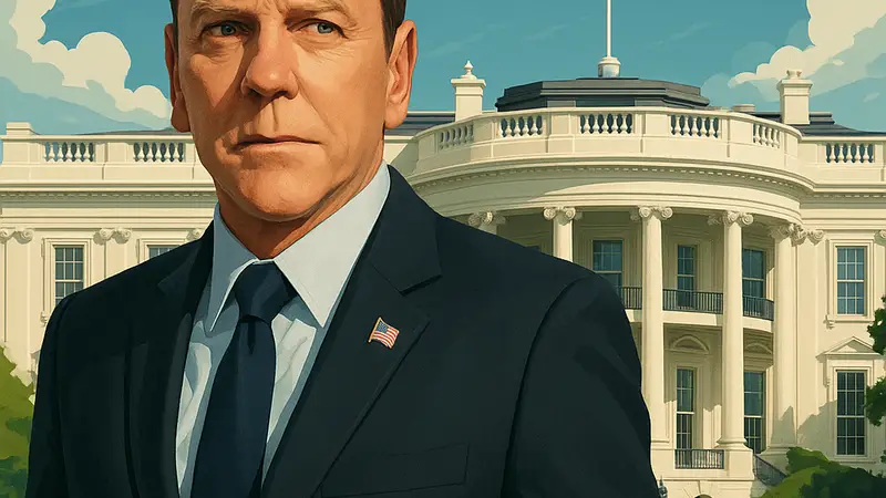 Кифер Сазерленд в роли Тома Киркмана из сериала "Designated Survivor", на фоне Белого дома.