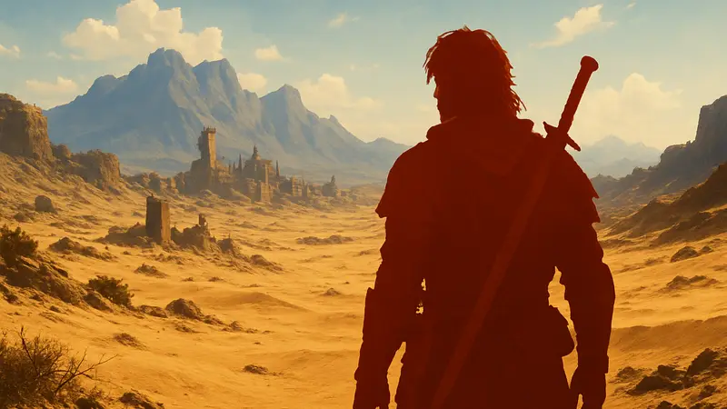 Логотип Crimson Desert на фоне скриншота игры с персонажем в пустыне